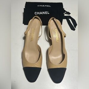 CHANEL Beige and Black Slingback Heels